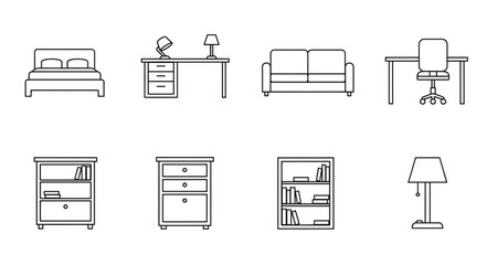 Furniture Line Art - Bed, Desk, Sofa, Chair, Cabinet, Nightstand, Bookshelf, Lamp. © Vita