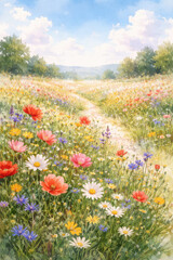 Obraz premium A vibrant field of wildflowers under a blue sky with fluffy clouds.