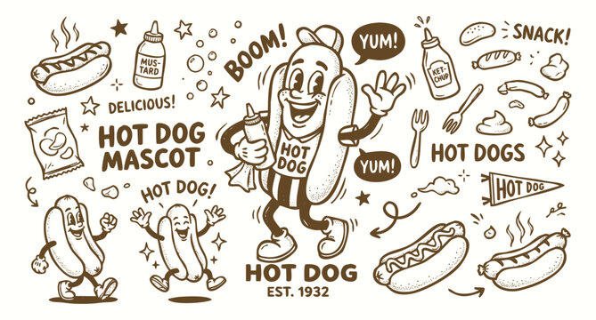 Vintage 1930s Retro Hot Dog Mascot and Fast Food Doodle Set