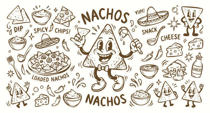 Vintage 1930s Retro Nachos Mascot and Mexican Snack Doodle Set