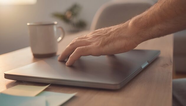 Close-up of exhausted office worker hand gently shutting laptop at dusk, symbolizing burnout and end of workday fatigue