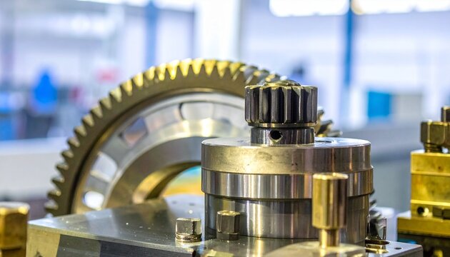 Brass and steel gears interlock on machine tool, precision engineering revealed in metallic detail, craftsmanship embodied in mechanical harmony, industrial strength captured through symmetry and moti