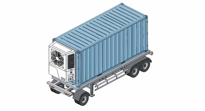 Isometric Illustration of a Refrigerated Shipping Container Reefer on a Semi-Trailer Chassis Isolated on White