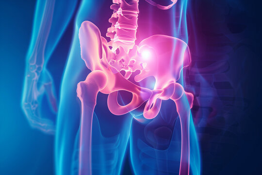 Medical 3D illustration in X-ray style of a painful hip joint with blue background