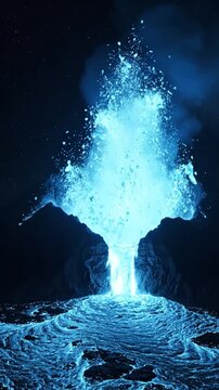 Abstract waterfall flowing into a deep cavern with glowing water