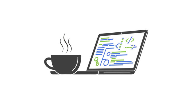 Laptop computer with coffee cup and coding software on screen