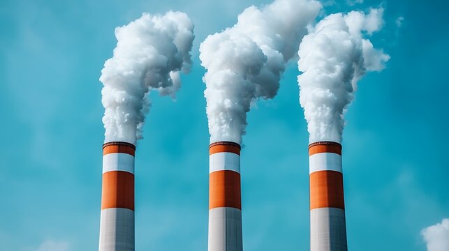 Industrial smokestacks releasing white smoke against a blue sky highlighting environmental issues and energy production challenges