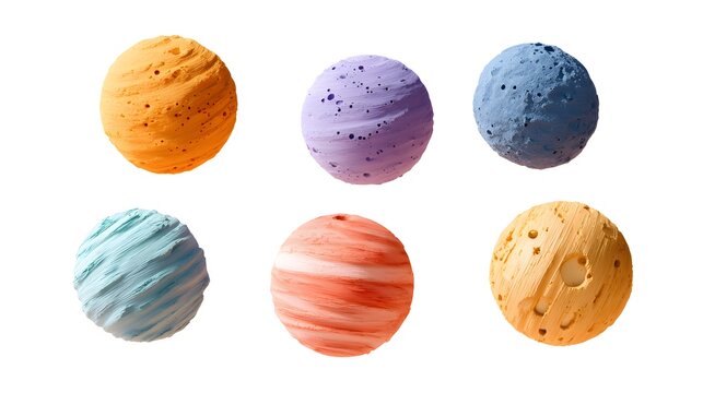 A composition of six different stylized 2.5D 3D cartoon planets