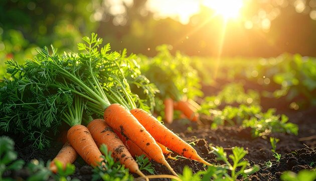 Freshly Harvested Carrots in Rich Soil Bathed in Golden Sunlight during Golden Hour in a Garden