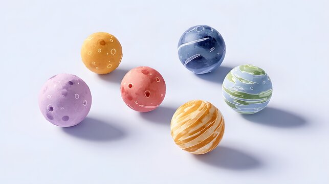 A composition of six different stylized 2.5D 3D cartoon planets