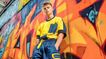 male model posing in streetwear style urban wall