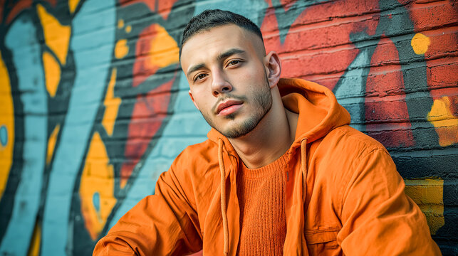 male model posing in streetwear style urban wall