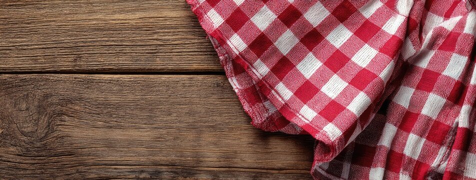 Rustic Wooden Table with Red and White Gingham Fabric Overlay.