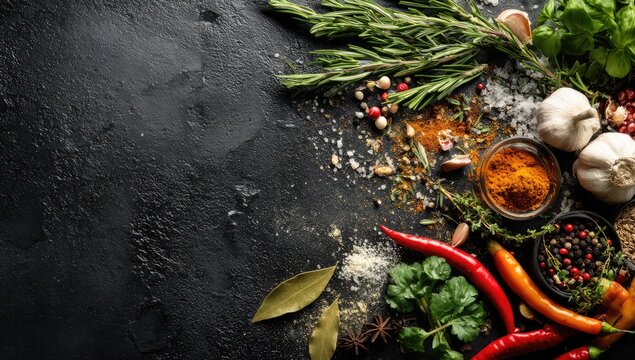 Aromatic Spices and Fresh Herbs Arranged on a Dark Textured Surface.