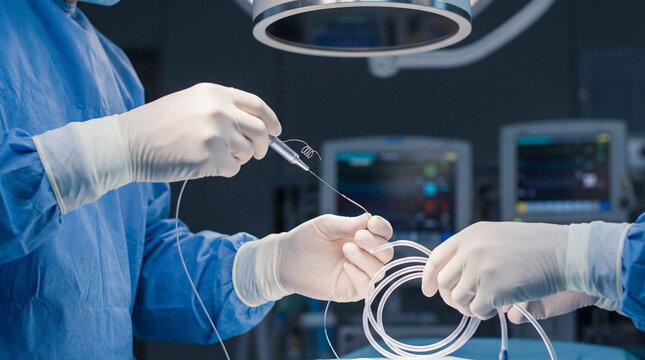 Close-up of medical professionals in surgical gloves preparing a catheter and guidewire for a procedure in an operating room