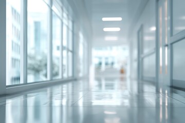 Obraz premium Modern Office Building Hallway with Large Windows and Reflections.
