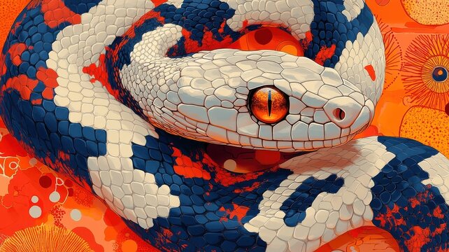 Playful, Textured pattern, a snake illustrated with lively patterns and dynamic textures, creating an engaging and visually stimulating effect.