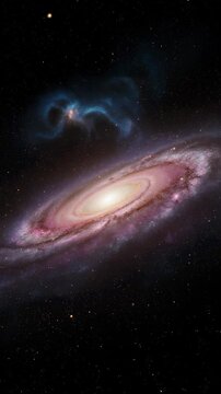 Bright spiral galaxy glows with pink and gold light in deep space creating a majestic cosmic background for astronomy science and wonder themesspiral galaxy