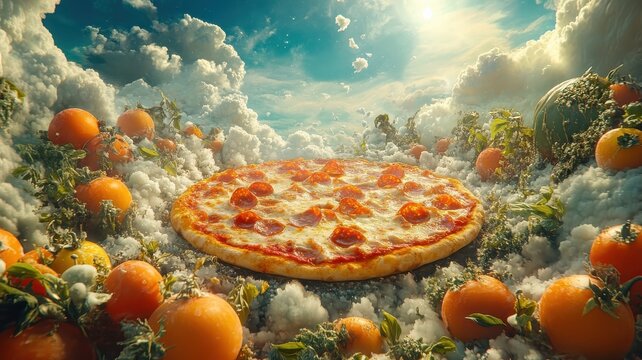 A surreal vision of a pizza, blending dreamlike colors and imaginative elements to create a fantastical, otherworldly scene.