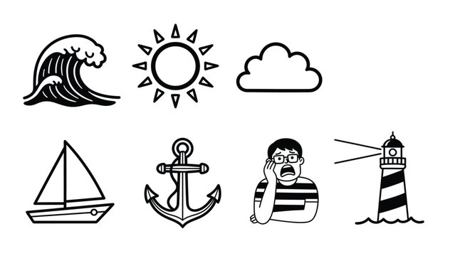 Outline icons set: wave, sun, cloud, sailboat, anchor, scared person, lighthouse. Black and white line art for sea, weather, and human emotions.