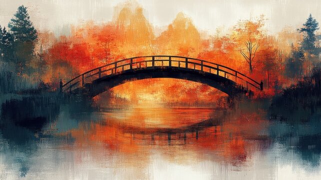 Bold abstract expressionism style of a bridge over a river with dynamic brushstrokes.