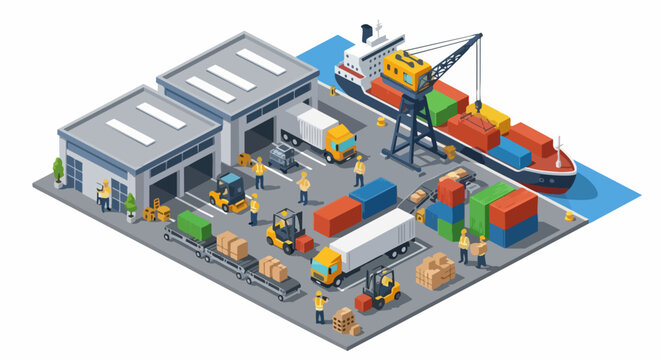 Isometric Logistics and Shipping Terminal with Cargo Ship, Trucks, Forklifts, and Warehouse Buildings Illustrating Global Supply Chain Management