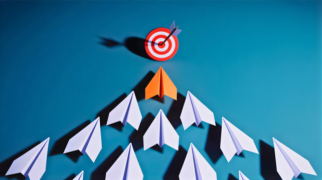 Innovative business strategy with a leading arrow-shaped paper plane aiming for a target, symbolizing success and ambition