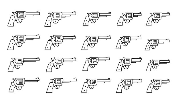 A vector graphic illustration of multiple revolver guns in a flat design style
