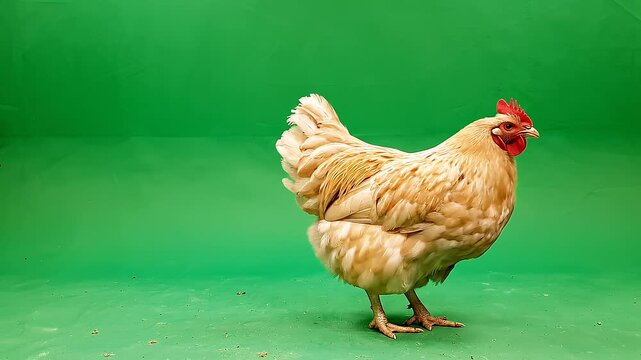 A beautiful, vibrant, golden-brown chicken with a bright red comb stands confidently on a solid green background, showcasing its stunning plumage and detailed feathers in a realistic, natura