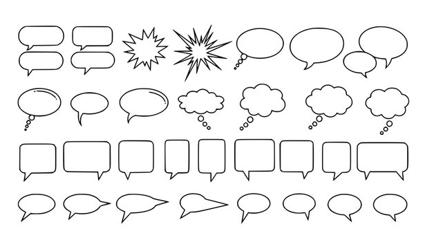 Outline comic speech bubbles thought balloons and chat boxes vector set empty dialogue frames for webtoon manga