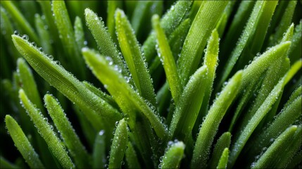 Fototapeta premium Fresh Green Grass with Dew Drops in Nature Close-Up Photography