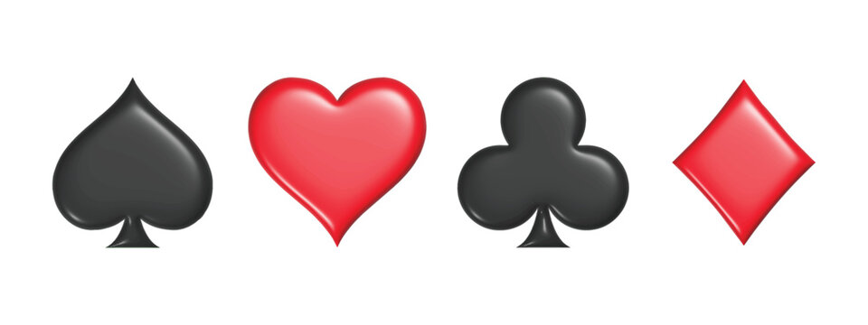3d Suit deck of playing cards. Hearts diamonds clubs spades sign. Vector