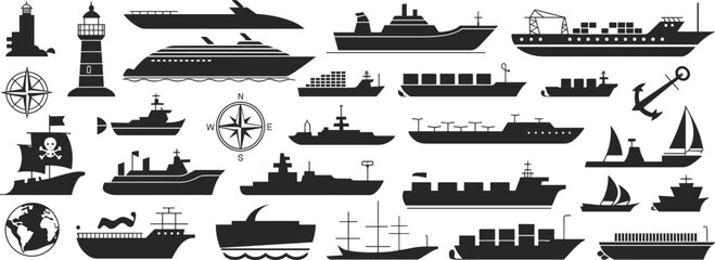 Maritime silhouette icon set, ships boats anchors lighthouses compasses globe nautical symbols, cruise cargo military sail pirate vessel illustration design © MDMAHOMUDUL