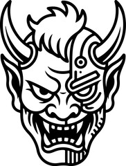 Fototapeta premium Cyberpunk Oni Mask Minimalist Black and White Line Art