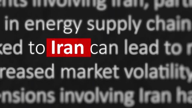Iran Highlighted in a Paragraph on a White Background. World Oil Supply, Geopolitics, Energy Resources, Trade Relations, Middle East Influence. 4K Typography Loop Video Animation