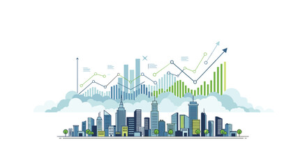 Obraz premium A sprawling metropolitan skyline rests beneath a series of ascending financial growth charts and line graphs integrated into a soft cloudy blue atmosphere.