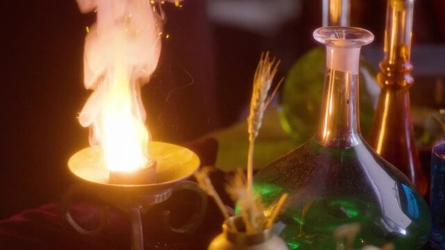 Alchemist preparing potion with burning incense and potions in laba