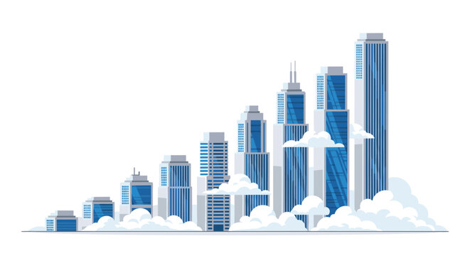 A series of modern blue glass skyscrapers rises in a diagonal formation resembling a growth chart amidst soft white clouds against a clean background.