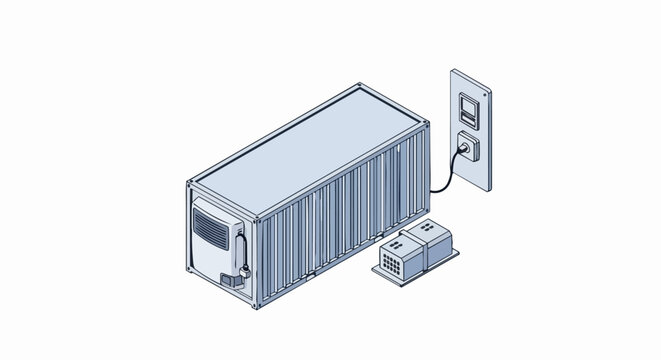 Isometric Illustration of a Refrigerated Shipping Container Connected to a Power Control Station, Mobile Cold Storage or Data Center Concept for Logistics and Infrastructure
