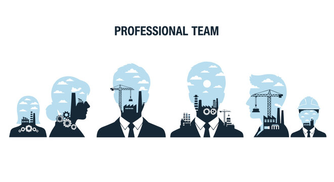 Six diverse professional silhouettes feature intricate double-exposure industrial imagery including factories and construction cranes under bold text.