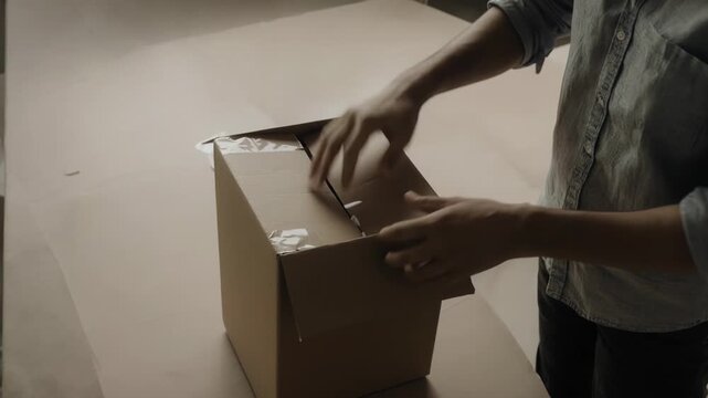 Hands of a person unpacking a cardboard box, removing tissue paper, and sealing it with tape, showcasing the process of packaging and preparation for shipping