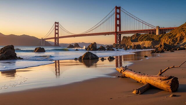 golden gate bridge sunset beach scenery with rocks and driftwood