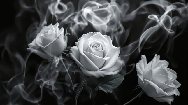 close up of a black and white rose covered in white smoke