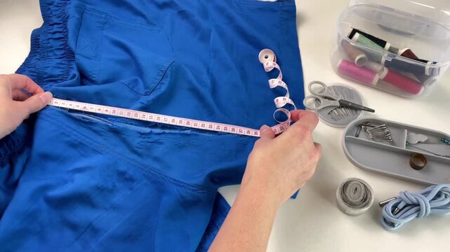 A woman's hands measure a torn hole in her shorts with a measuring tape. Conceptualization of clothing repair, sewing, and fabric restoration.