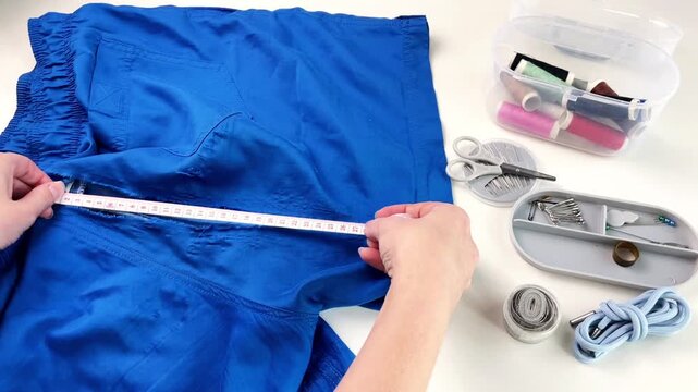 A girl measures the length of a hole in her blue shorts with a tape measure. Conceptual references include damaged clothing, mending, sewing, and home crafts.