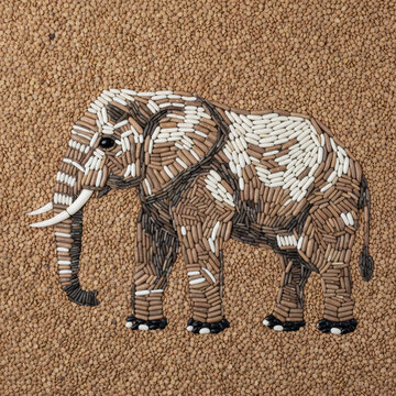 Elephant mosaic made of various beans and grains on a textured lentil background. Creative food art design featuring an animal shape. Healthy organic nutrition and ingredient concept.