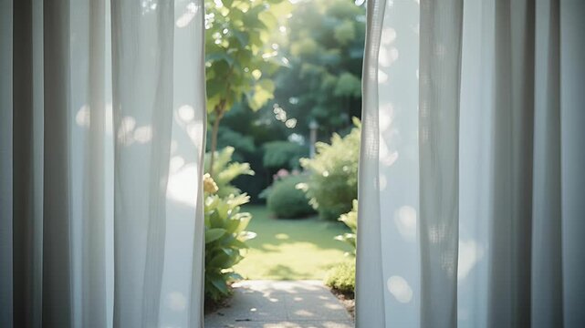 sunlit garden view through sheer curtains at open doorway