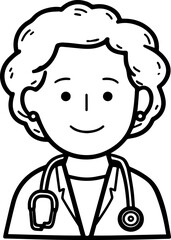 Obraz premium Hand Drawn Elderly Female Doctor Black and White Illustration in Minimal Line Art Style Design