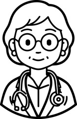 Obraz premium Hand Drawn Elderly Female Doctor Black and White Illustration in Minimal Line Art Style Design