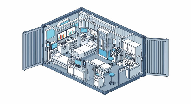 Isometric Illustration of a Mobile Medical Clinic and Field Hospital inside a Modular Shipping Container for Emergency Healthcare